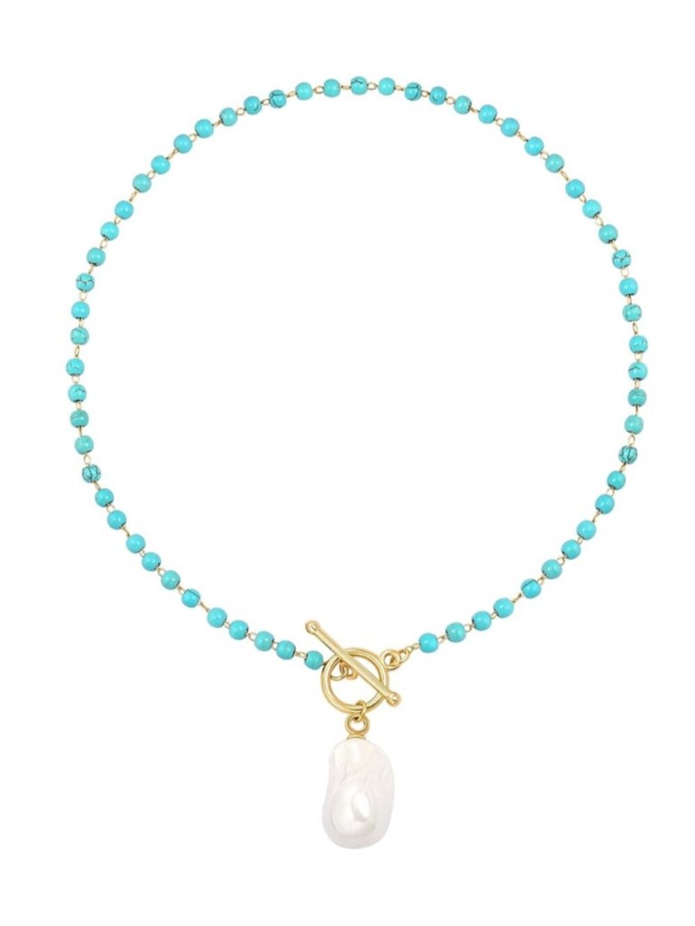 Gold Toggle Turquoise Bead Necklace with Pearl Pendant